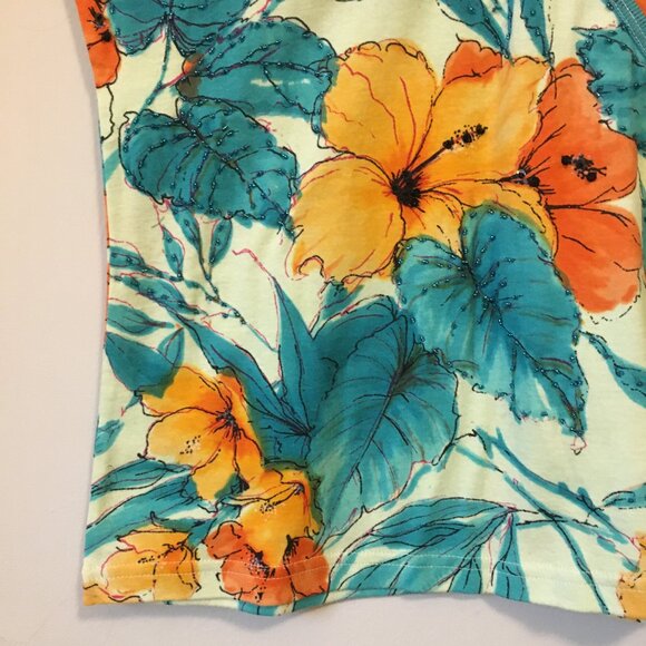 Cactus Faux Wrap Hawaiian Orange Hibiscus Tropical Sequin & Cotton Top - Picture 4 of 15